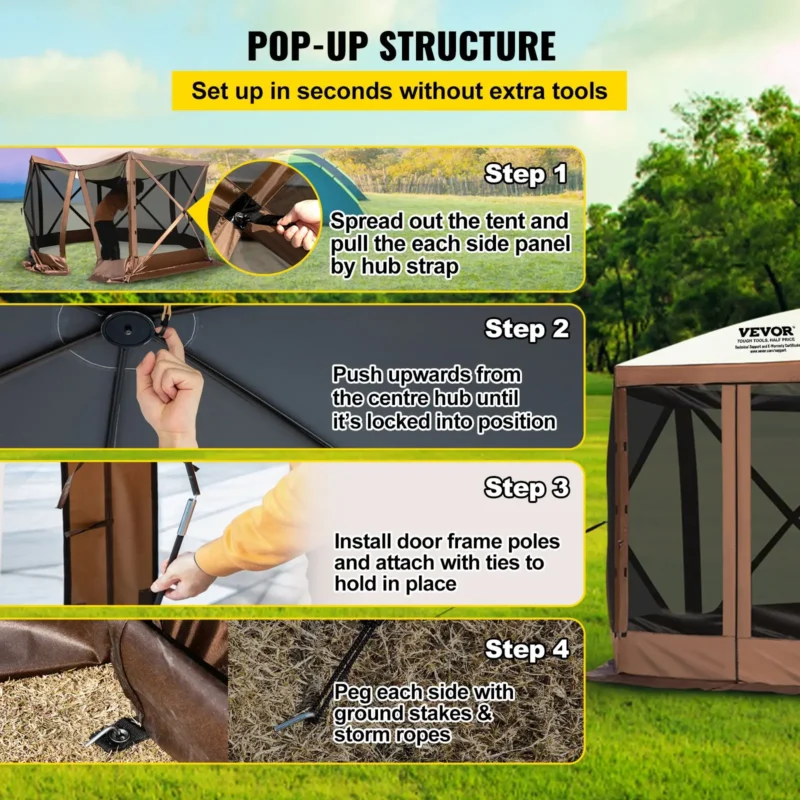 Camping Gazebo Screen Tent, 12*12ft, 6 Sided Pop-up Canopy Shelter Tent with Mesh Windows, Portable Carry Bag, Stakes, Large Shade Tents for Outdoor Camping, Lawn and Backyard, Brown/Beige - Image 15