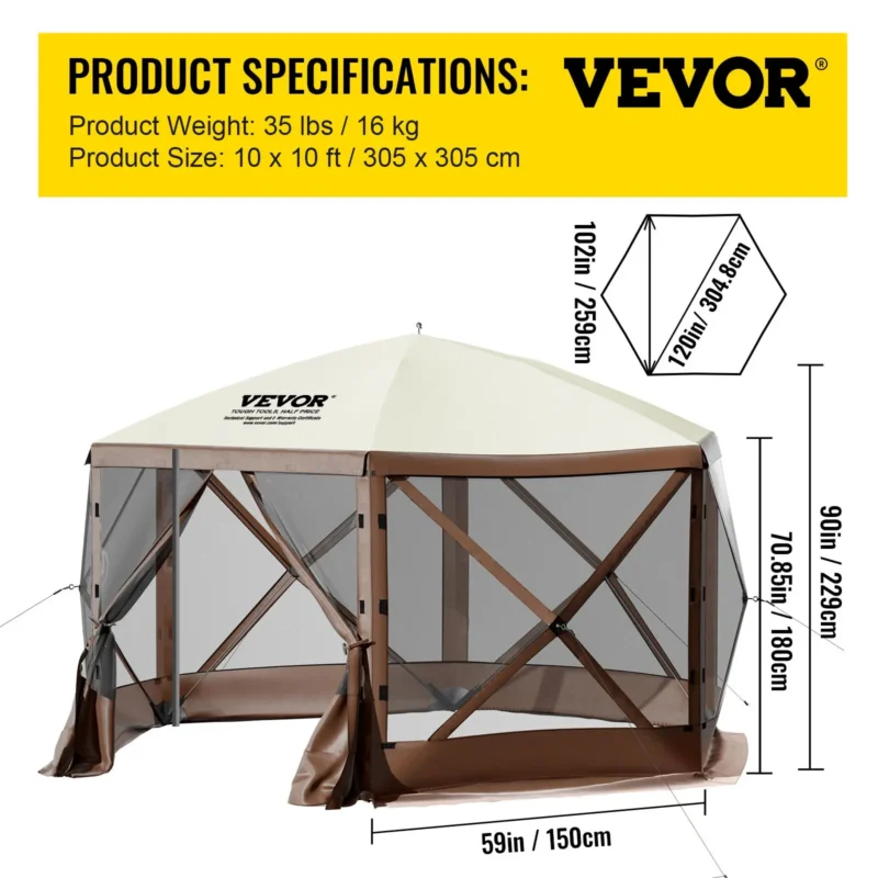 Camping Gazebo Screen Tent, 12*12ft, 6 Sided Pop-up Canopy Shelter Tent with Mesh Windows, Portable Carry Bag, Stakes, Large Shade Tents for Outdoor Camping, Lawn and Backyard, Brown/Beige - Image 18