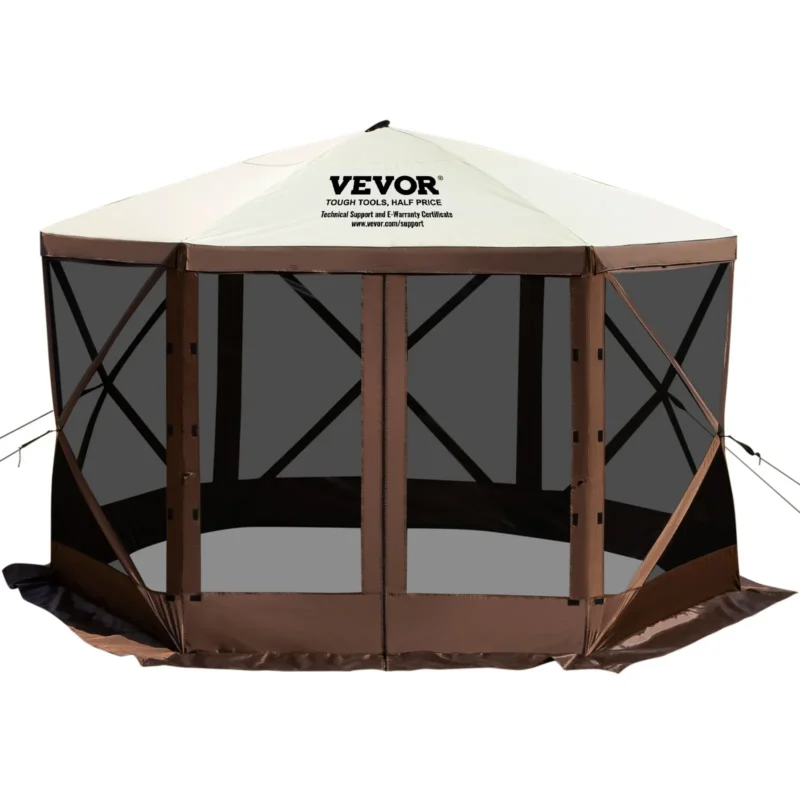 Camping Gazebo Screen Tent, 12*12ft, 6 Sided Pop-up Canopy Shelter Tent with Mesh Windows, Portable Carry Bag, Stakes, Large Shade Tents for Outdoor Camping, Lawn and Backyard, Brown/Beige - Image 19