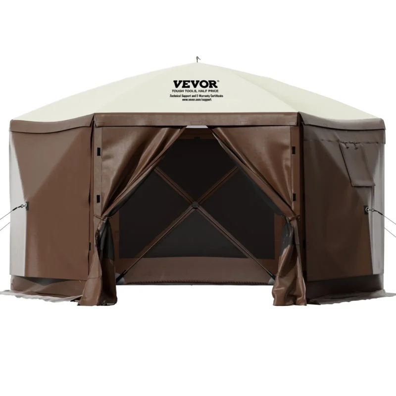 Camping Gazebo Screen Tent, 12*12ft, 6 Sided Pop-up Canopy Shelter Tent with Mesh Windows, Portable Carry Bag, Stakes, Large Shade Tents for Outdoor Camping, Lawn and Backyard, Brown/Beige - Image 20