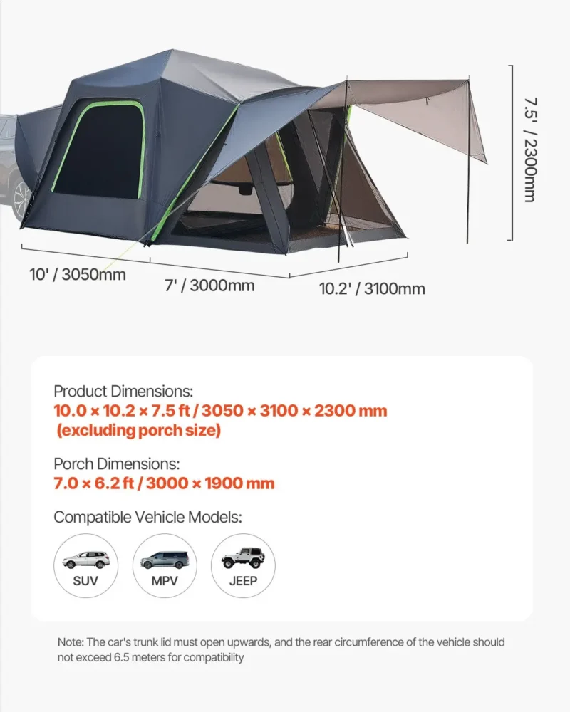 SUV Camping Tent Outdoor SUV Tent with Awning Waterproof for 5-8 Person - Image 4