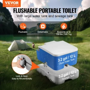 Portable Toilet for Camping, Porta Potty with 3.2 Gal Waste Tank & 3.2 Gal Flush Tank, Push-Button Pressurized Flush Commode, Leak-proof and Odourless Travel Toilet for Adults Kids Camping Car